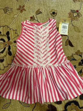 Rene Rofe Pink & White Striped Lace Trim Kids Dress